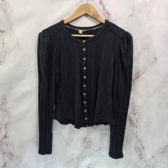Anthropologie Shirt Womens Medium Black Button Cropped Long Sleeve Rib Pilcro - Picture 1 of 14